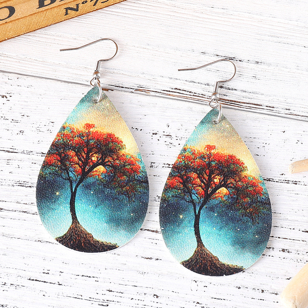 Wholesale Love Tree of Life Water Drop Earrings Double-sided Printed PU Leather Creative Earrings